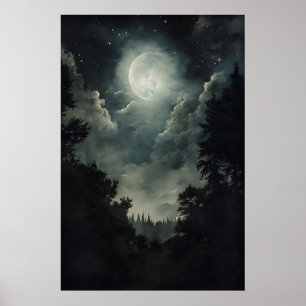 Skogsutskrift i månljus, gotisk häxig dekoration, poster