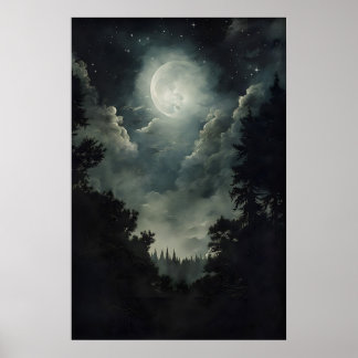 Skogsutskrift i månljus, gotisk häxig dekoration, poster