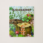 Skogsvamfogsmusslor i Namn Pussel<br><div class="desc">Ett pussel med anpassadet namn/text med vattenfärgade illustrationer av svampar,  moss och andra växter i skogen. Det här pusslet skulle fungera underbart som en personlig för någon som plockar,  naturen och pusslet i kärlek.</div>