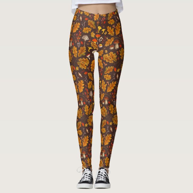 Skogsvampar och höstsvampar på bruna floror leggings (Framsida)