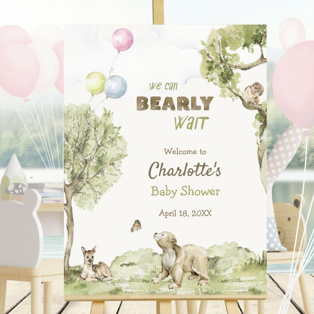 Skogsvänner Björnens Väntan Välkommen Bebis-babysh Poster (Woodland Friends Bearly Wait Welcome Baby Shower Poster ©Susanne Sachers - Sunny Mind 🌞)