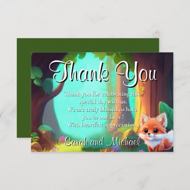 Skogsvänner söta baby räv tack kort (Fram/baksida)