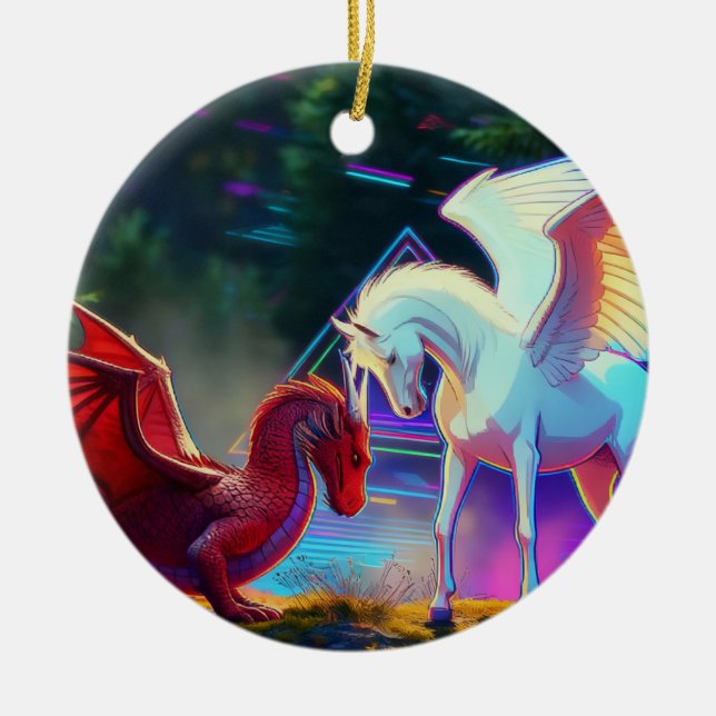 Skogsvänner - Ung drake och ung Pegasus Julgransprydnad Keramik (Framsidan)