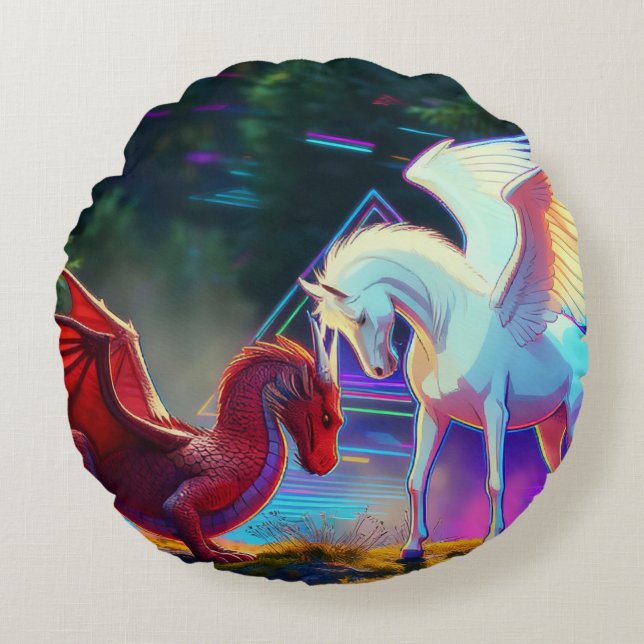 Skogsvänner - Ung drake och ung Pegasus Rund Kudde (Framsidan)