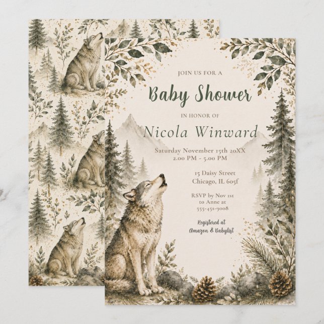 Skogsvarg Baby Shower Inbjudningar (Fram/baksida)
