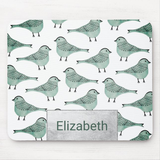 Skogsvattenfärgsfåglars svarta penseldrag, grönt musmatta (Framsidan)