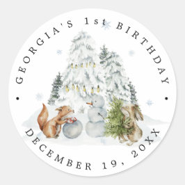 Skogsvinter Födelsedagsfest Tack Runt Klistermärke