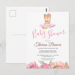Skogsvulp Rosa Akvarell Blommig Bebis Shower Vykort