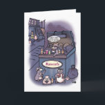 Skojare Kort<br><div class="desc">Välkommen till Rascals,  den populära krogpuben i gränden. Detta roliga kort med en tvättbjörn-illustration visar en busig bartender som ropar ut sista beställningen medan hans crew njuter av en sista runda i deras mysiga sopträlounge.</div>