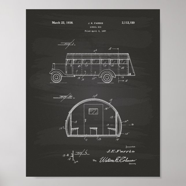 Skola Buss 1937 Patent Art Chalkboard Poster (Framsidan)