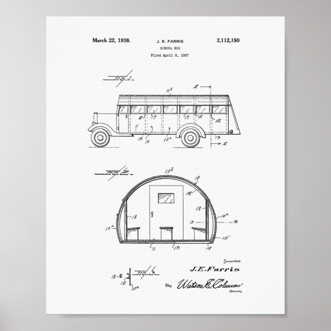 Skola Buss 1937 Patent Art White Papper Poster (Framsidan)
