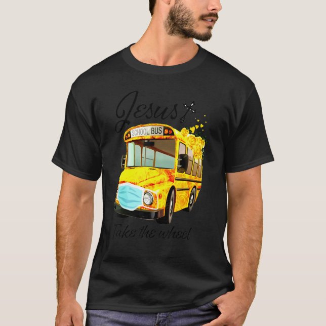 Skola Buss Jesus tar hjulet T Shirt (Framsida)