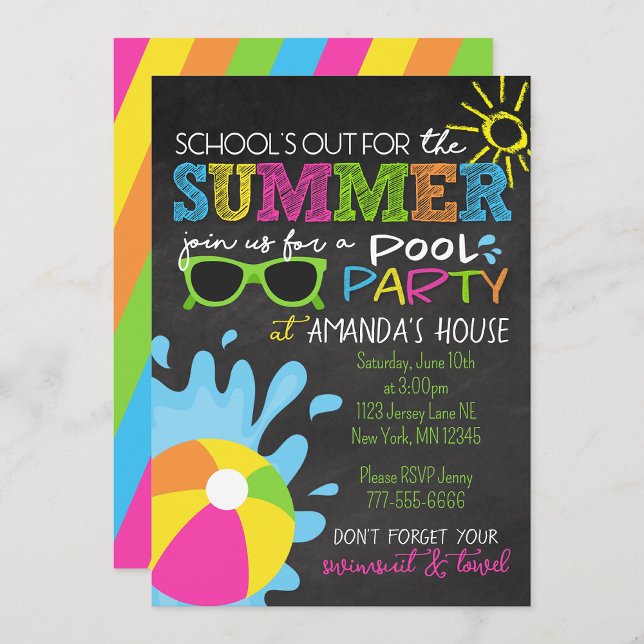 Skolan är ute till sommarschalkboard Party Inbjudningar (School's Out Summer Water Fun Party Invitations)