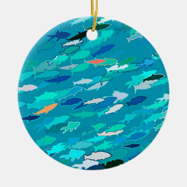 Skolan i fisk, turkos, blått och akvariet julgransprydnad keramik (Framsidan)