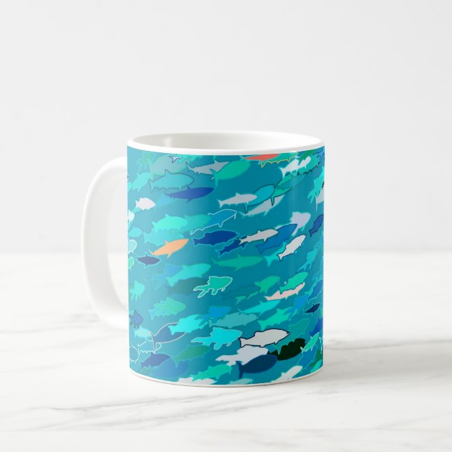 Skolan i fisk, turkos, blått och akvariet kaffemugg (Framsida vänster)