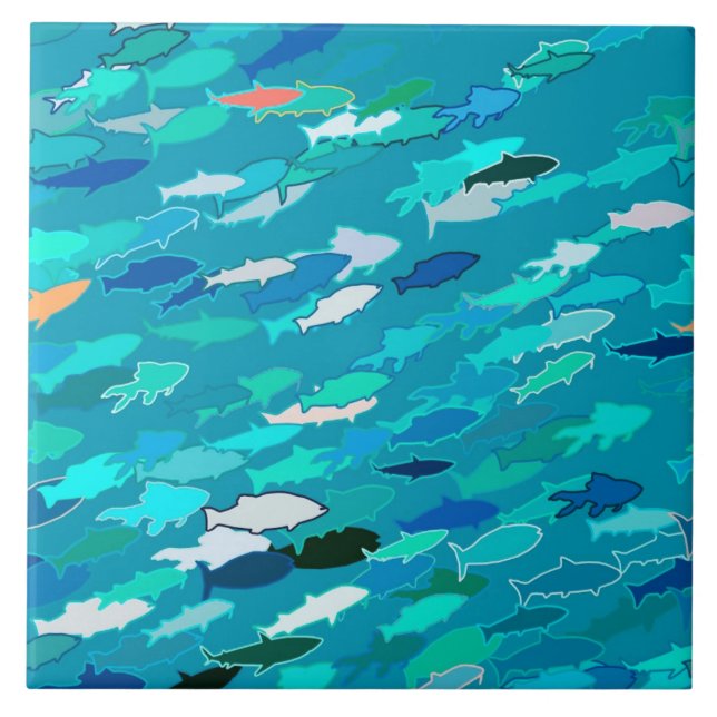 Skolan i fisk, turkos, blått och akvariet kakelplatta (Framsidan)