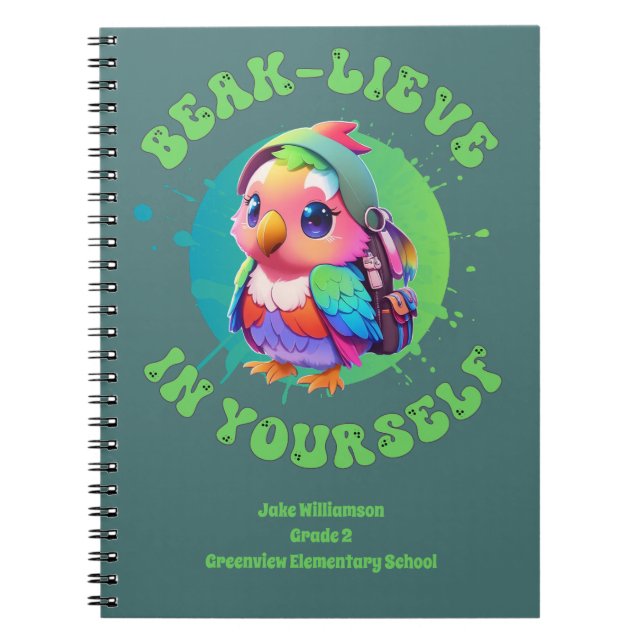 Skolår för Motivational Chibi Kawaii Parrot Namn Anteckningsbok (Framsidan)