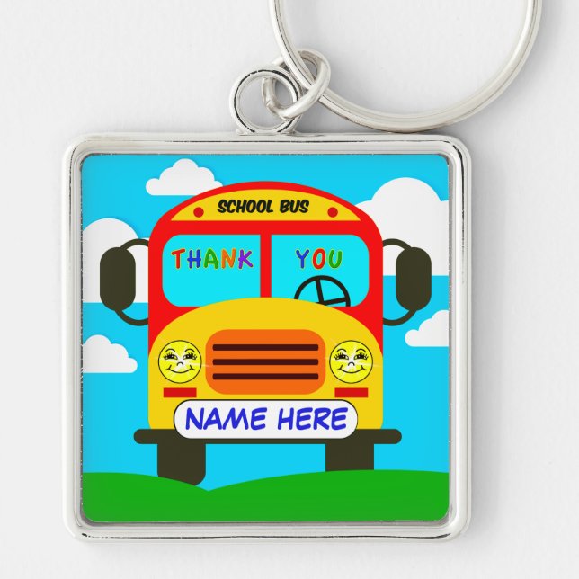 Skolbusschaufför Keychain med NAMN eller DIN TEXT Fyrkantig Silverfärgad Nyckelring (Framsidan)