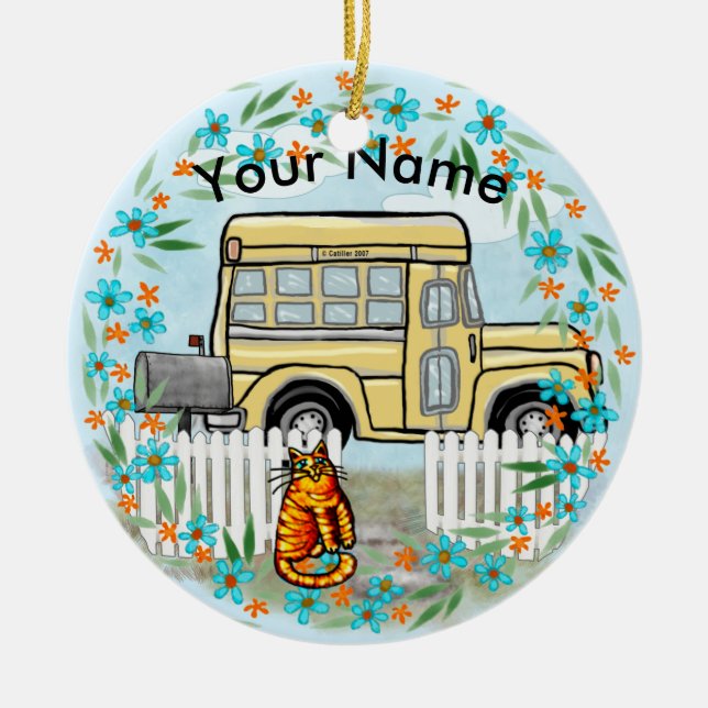 Skolbussdag anpassat namn julgransprydnad keramik (Framsidan)
