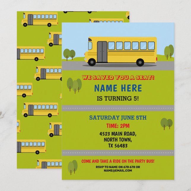 Skolbussfödelsedaginbjudan trafikerar bussar inbjudningar (Fram/baksida)