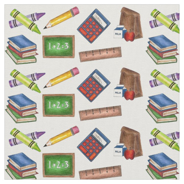 Skoldagar Crayon Calculator Ruler Pencil Lärare Tyg (Närbild)