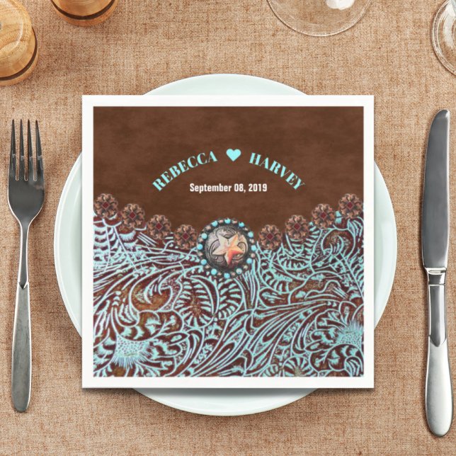 sköldpadda brun cowboy land westernare bröllop pappersservett (turquoise brown cowboy country western wedding paper napkins)