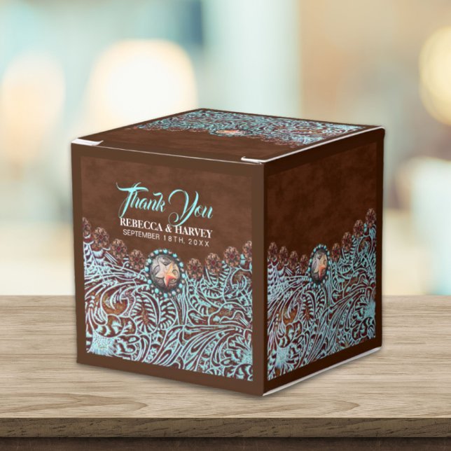 sköldpadda brun cowboy land westernare bröllop presentaskar (turquoise brown cowboy country western wedding favor boxes)