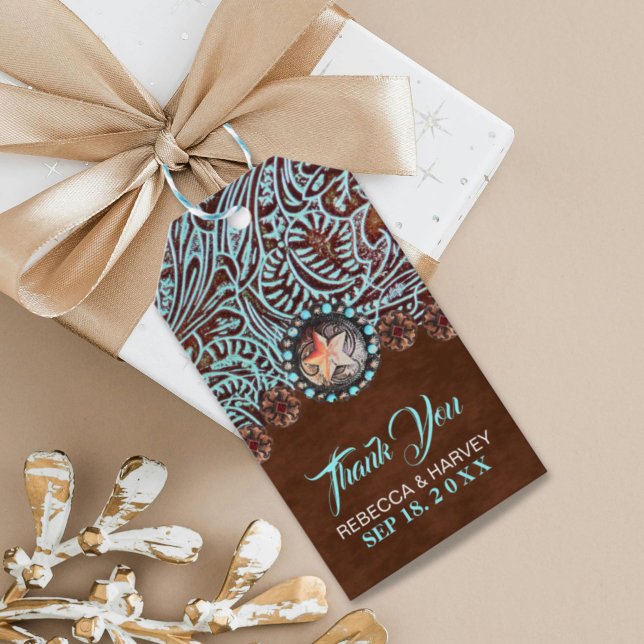 sköldpadda brun cowboy land westernare bröllop presentetikett (turquoise brown cowboy country western wedding gift tags)