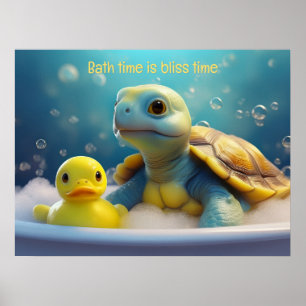 Sköldpadda och gummiand i badet Anpassad text Poster