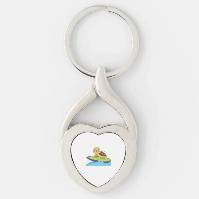 Sköldpadda på surfbräda twisted heart silverfärgad nyckelring (Framsidan)