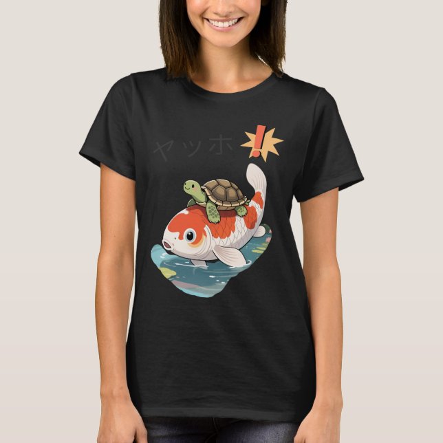 Sköldpadda ridande koi fisk t shirt (Framsida)