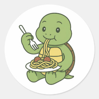 Sköldpadda som äter spaghetti runt klistermärke