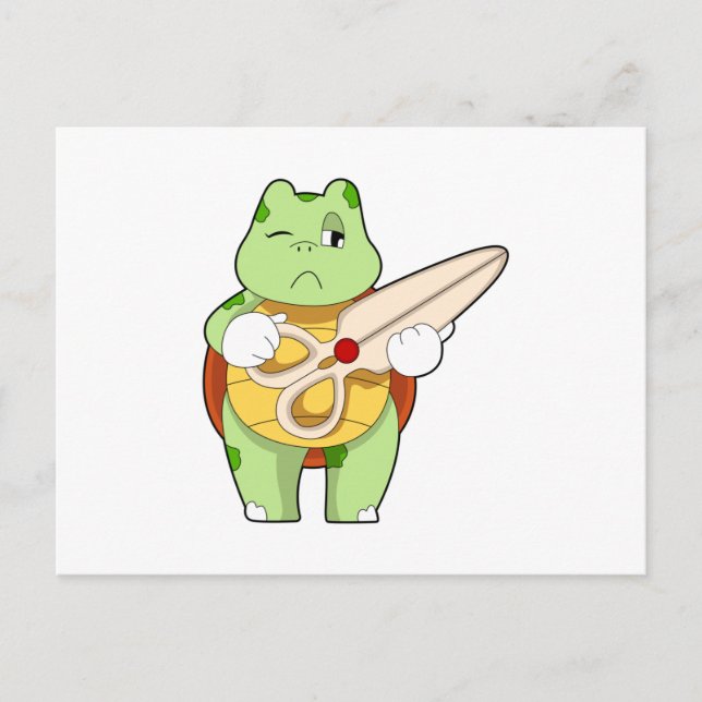 Sköldpadda som frisör med sax vykort (Framsida)