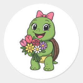 Sköldpadda som håller blommor runt klistermärke