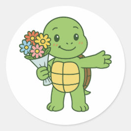 Sköldpadda som håller en bukett blommor runt klistermärke