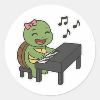 Sköldpadda spelar på ett piano runt klistermärke