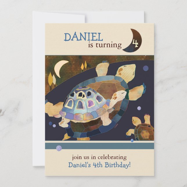 Sköldpaddafödelsedagsfestför barn inbjudningar (Framsida)