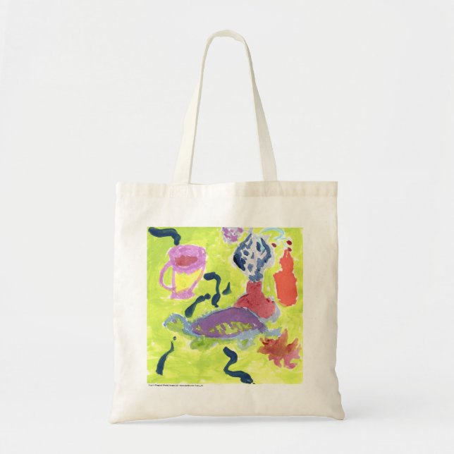 Sköldpaddan med en kopp av teatoto hänger lös tygkasse (Framsidan)