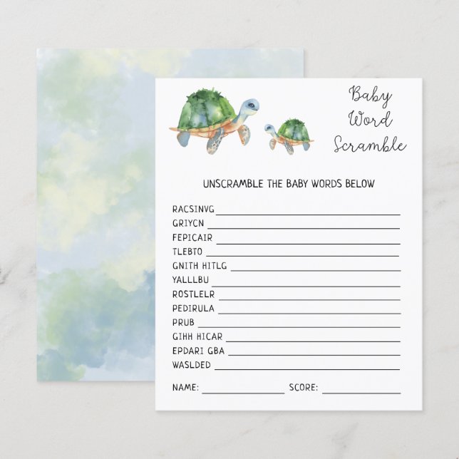 Sköldpaddor - Baby Ordkrypter | Baby Shower Lek (Fram/baksida)