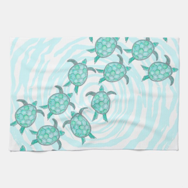 Sköldpaddor för vattenfärgkrickahav på Swirly Kökshandduk (Horisontell)
