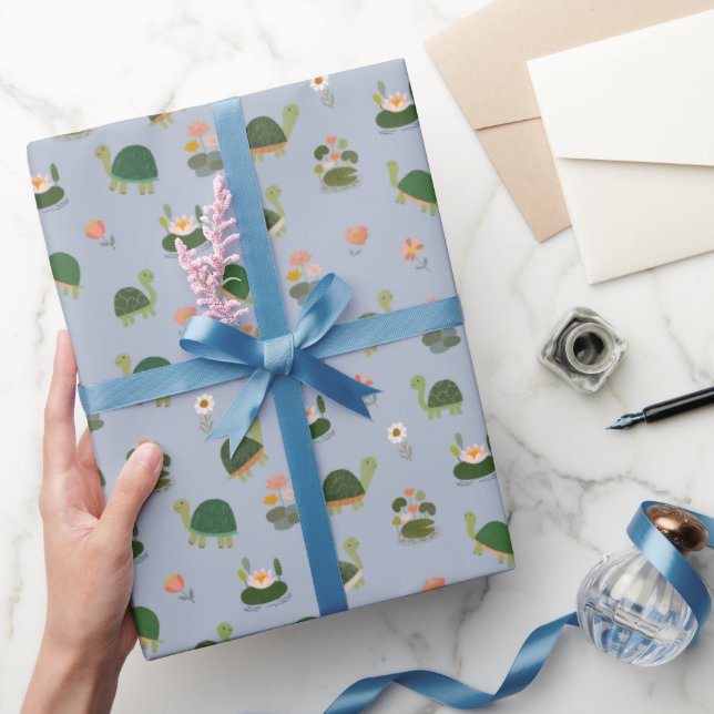 Sköldpaddor & näckrosblad på ljusblå presentpapper (Gifting)