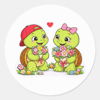 Sköldpaddor och blommor i söt harmoni runt klistermärke