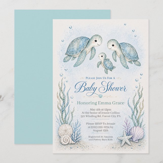 Sköldpadds Familj Bebis Shower Inbjudan  (Fram/baksida)