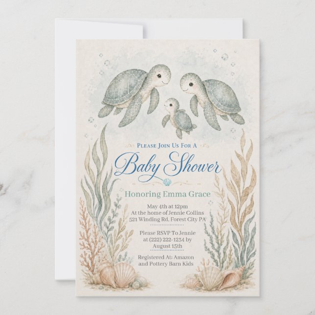 Sköldpadds Familj Boho Baby Shower Inbjudan  (Framsida)