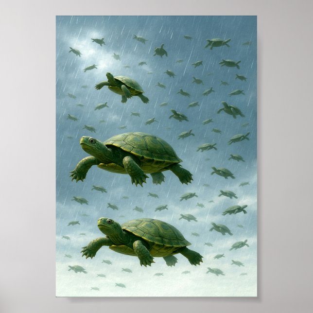 Sköldpadds Väggkonst, Glad Sköldpadda i Regnet Kon Poster (Framsidan)