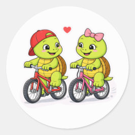 Sköldpaddsduo på färgglada cyklar runt klistermärke