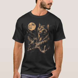 Sköldpaddskatt Vrålande Mot Månen Vintage Katt T Shirt