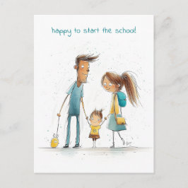 Skolflicka med Mor och Far Vykort