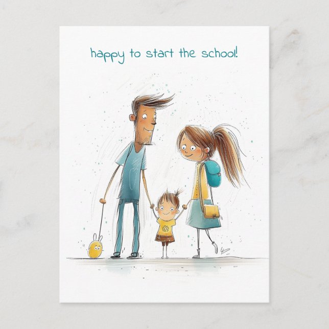 Skolflicka med Mor och Far Vykort (Framsida)