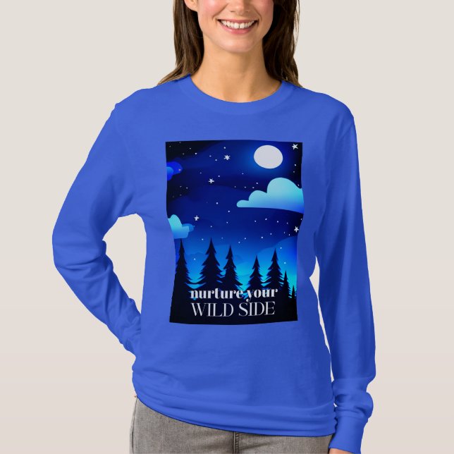 Skölj Vilden - Måne. Stars & Gräs Träd T Shirt (Framsida)